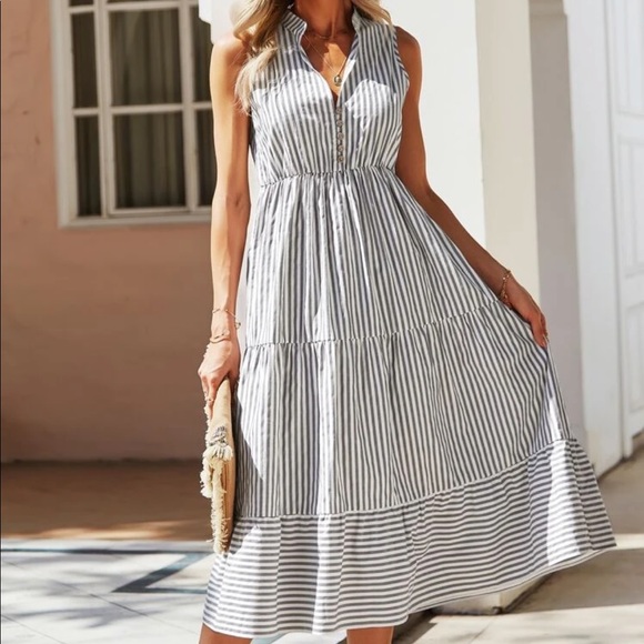 Boho striped notched neck button detail dress - Picture 11 of 16